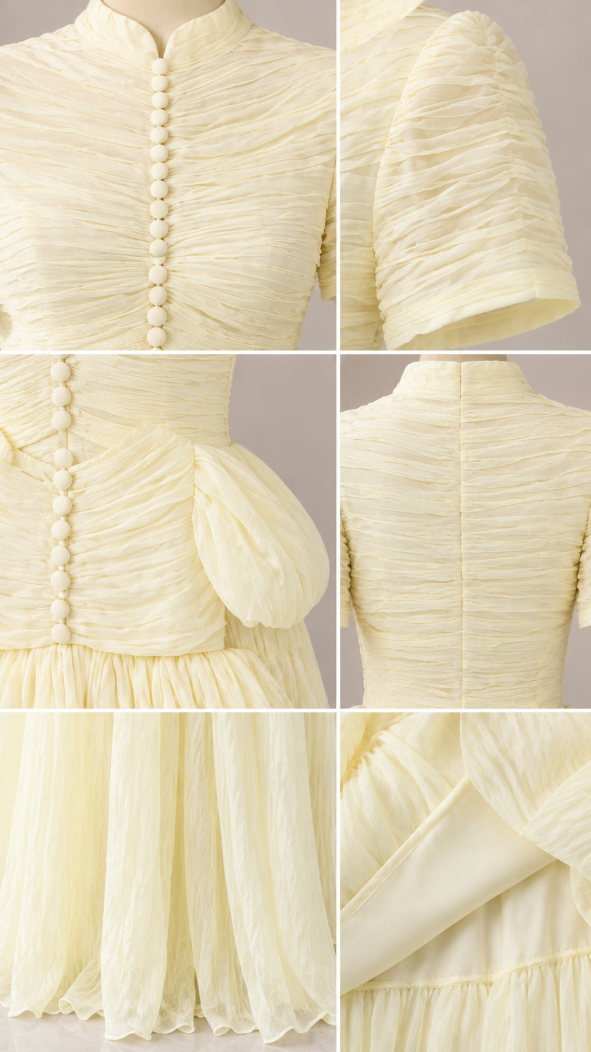 Close-up details of collar buttons, ruched sleeve, peplum waist, and lining
