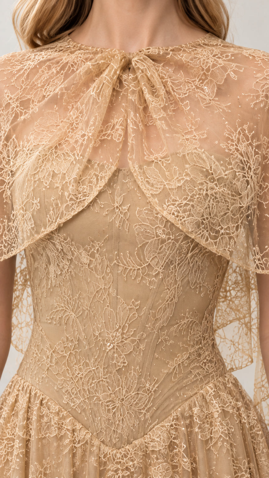 Close-up detail of floral lace embroidery and capelet neckline on Champagne gown