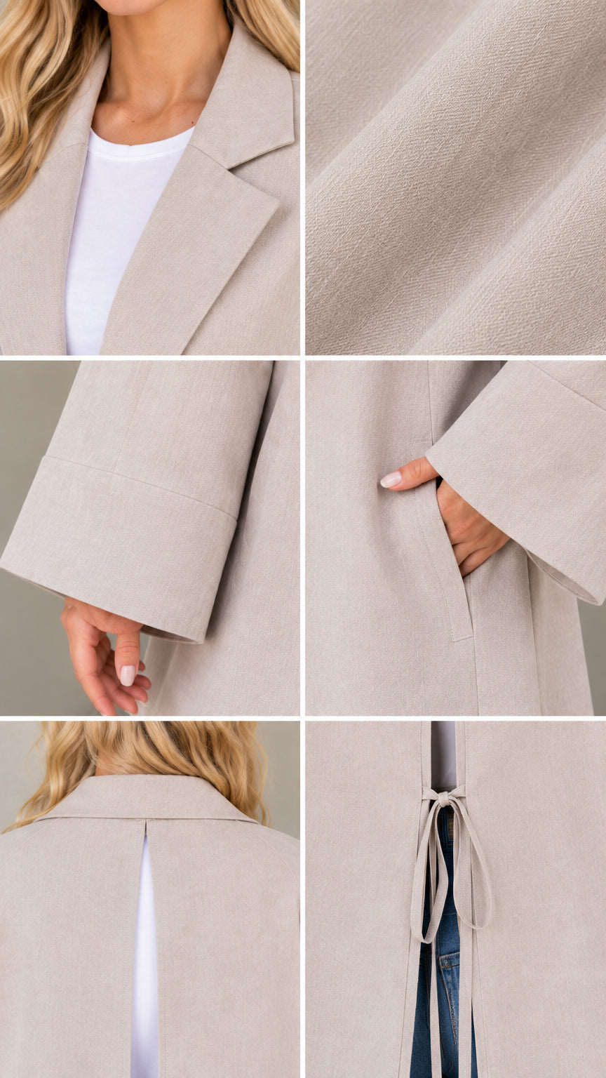 Close-up detail collage showing notch lapel, woven fabric texture, wide cuff, side pocket, and back slit tie