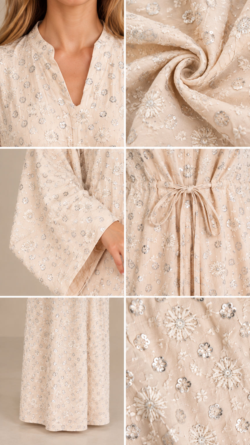 Detail shots of sequin floral embroidery, neckline, sleeves, and tie waist