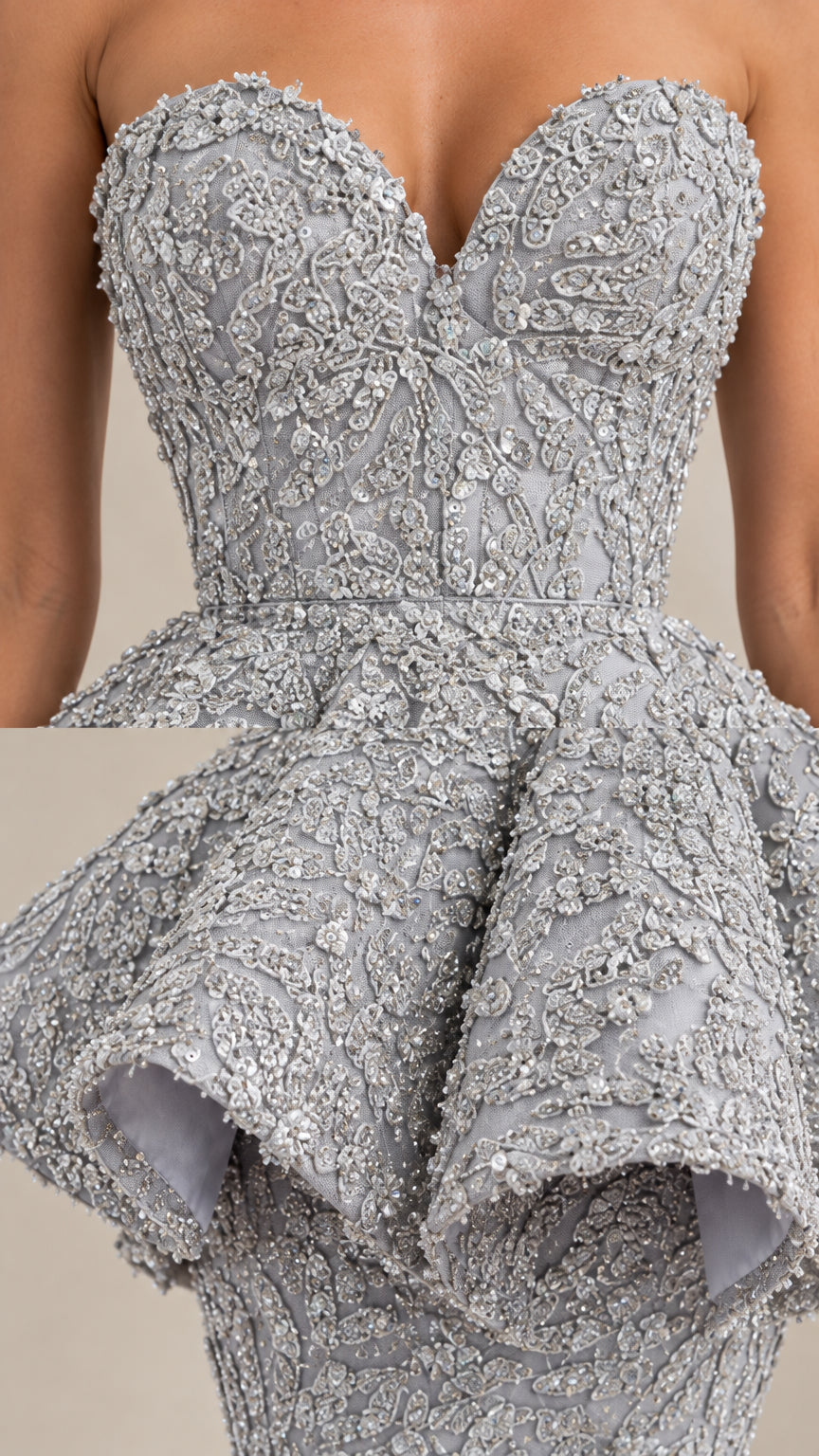 Close-up detail of the sweetheart neckline and intricate embroidered lace peplum
