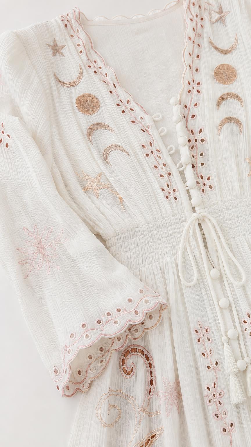 Close-up detail of V-neck and sleeve embroidery on white dress