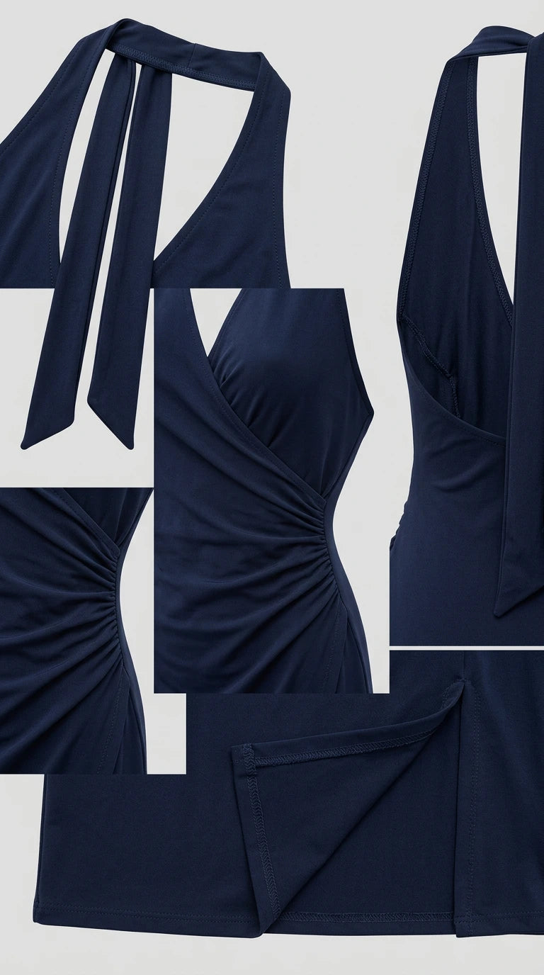 Close-up details of navy blue halter dress showing tie straps, ruching, and hem