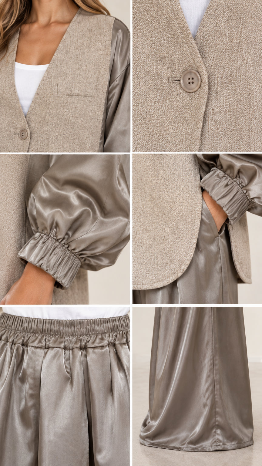 Close-up details of button closure, textured fabric, elastic sleeve cuffs, and waistband