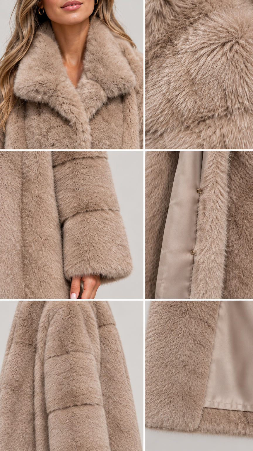 Close-up collage of taupe faux fur fabric texture, collar, sleeve, and inner lining details