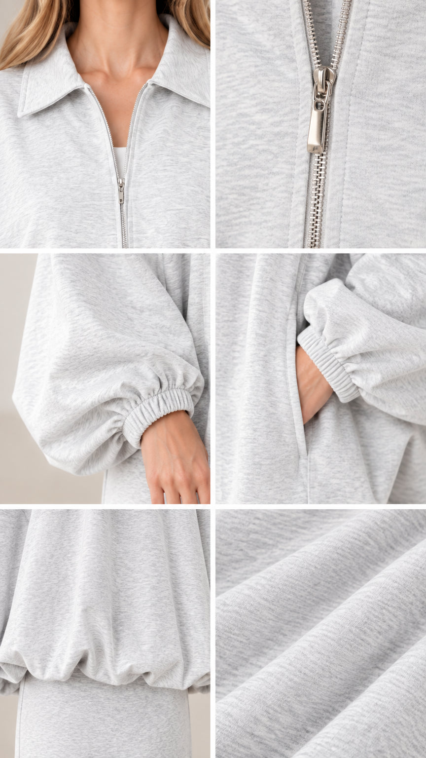 Detailed close-up view of collar, silver zipper, cuff, pocket, and heathered knit fabric