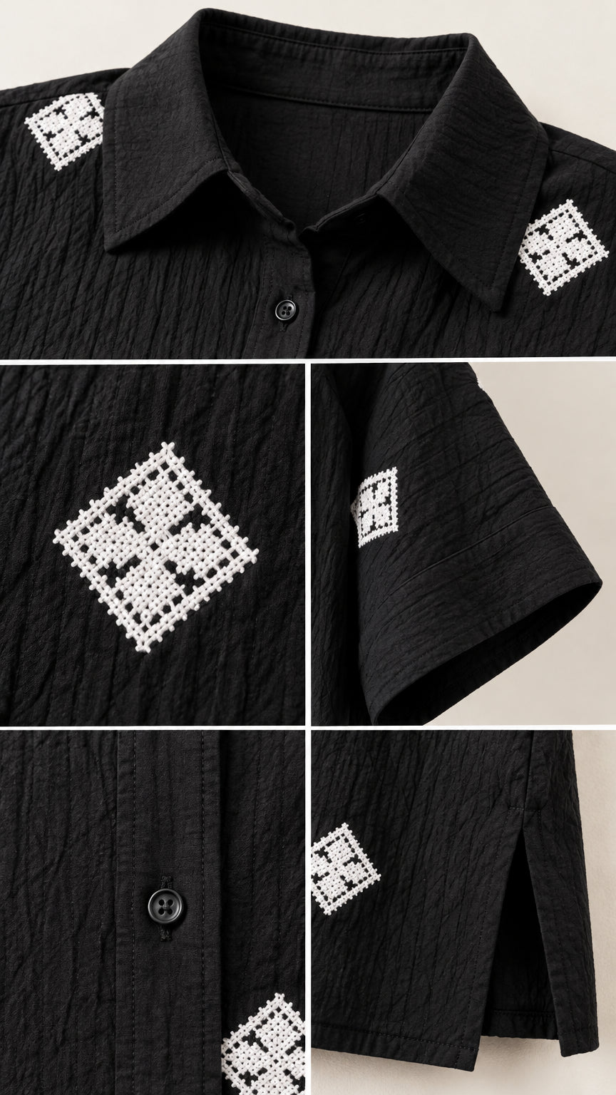Close-up collage of black maxi dress collar embroidery, buttons, and crinkled texture