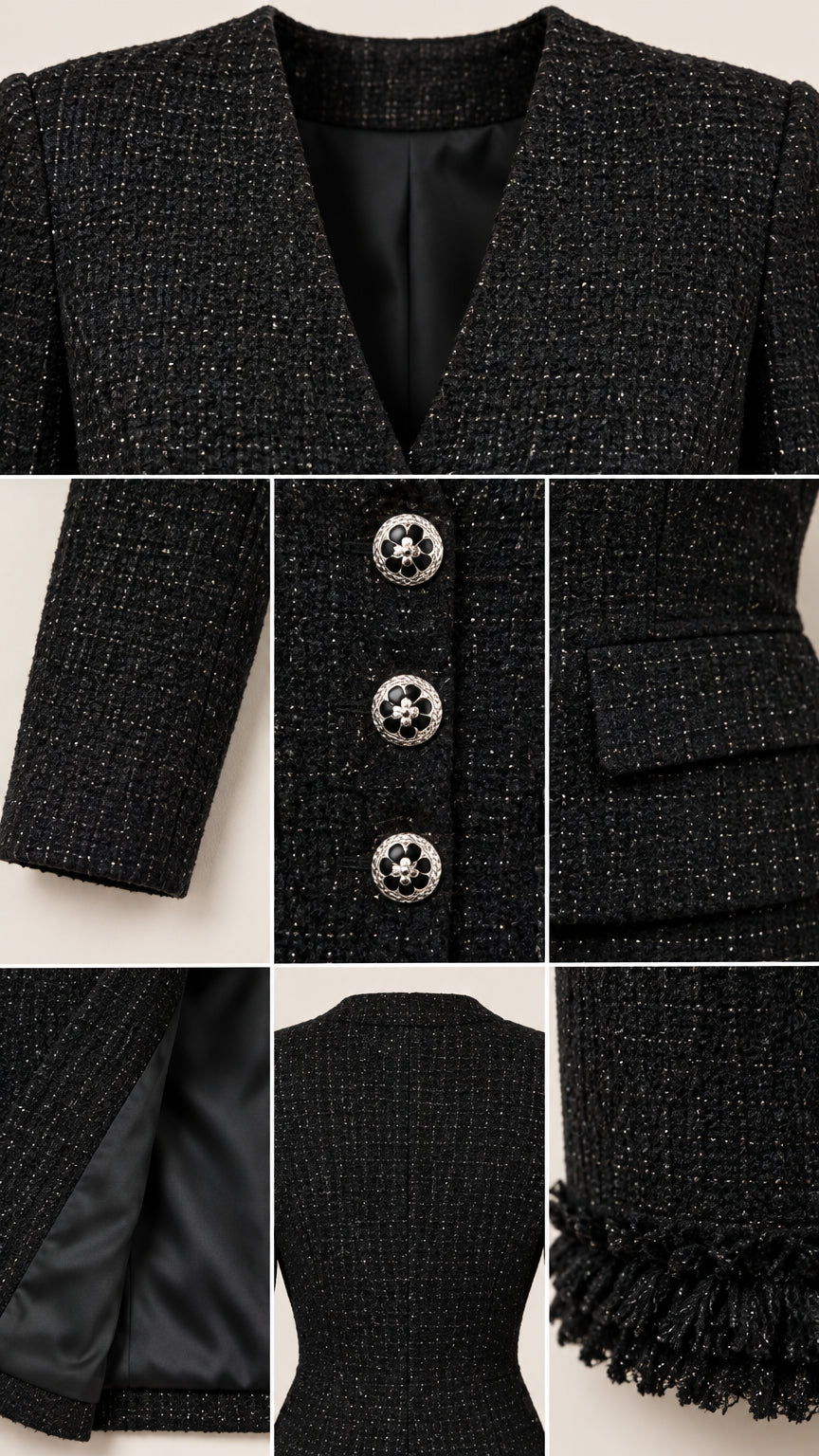 Detailed close-up views of black tweed fabric, crystal buttons, pocket flap, and fringe hem