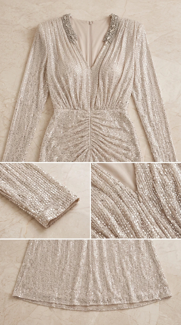 Close-up details of beaded neckline, sequin cuff, and ruched bodice
