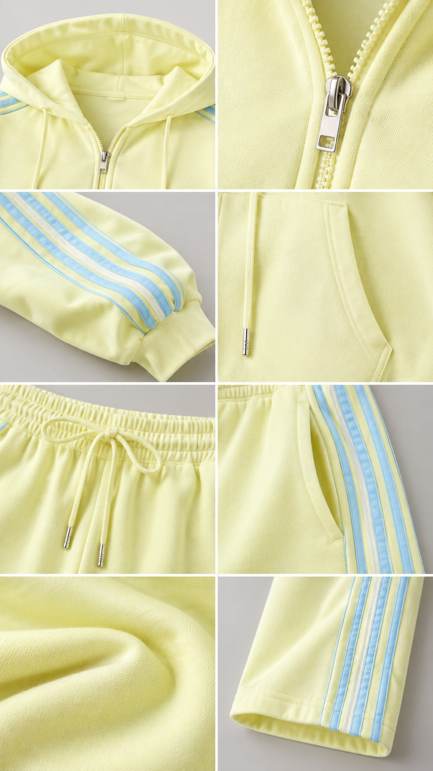 Detail photo collage showing the hoodie zipper, side pocket, ribbed cuff, and drawstring waistband