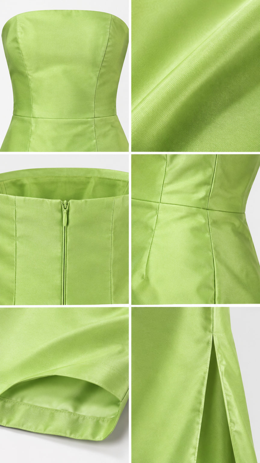 Close-up details of lime green satin fabric, bodice stitching, and back zipper