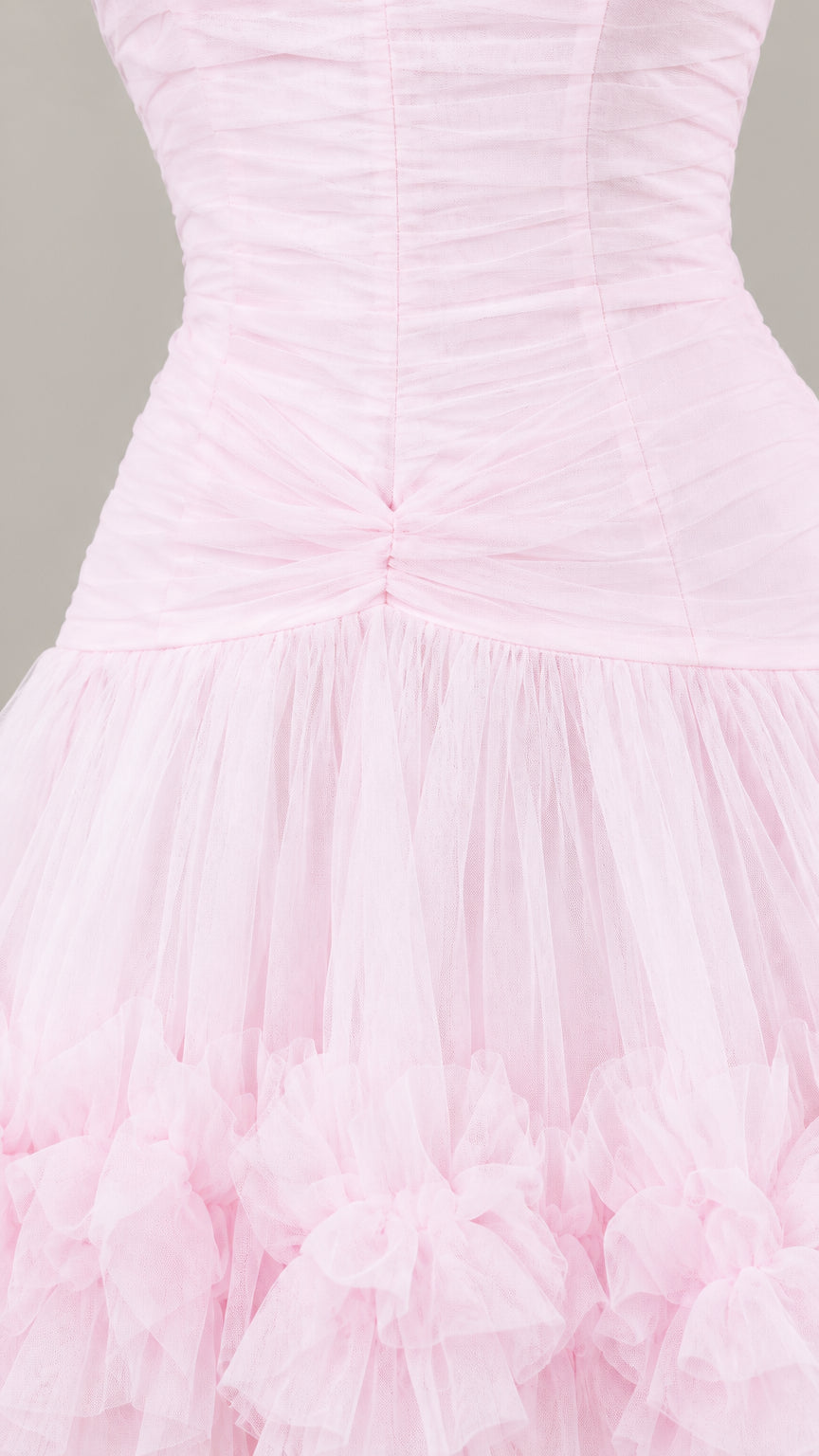 Close-up detail of ruched tulle bodice and ruffled skirt on Light Pink gown