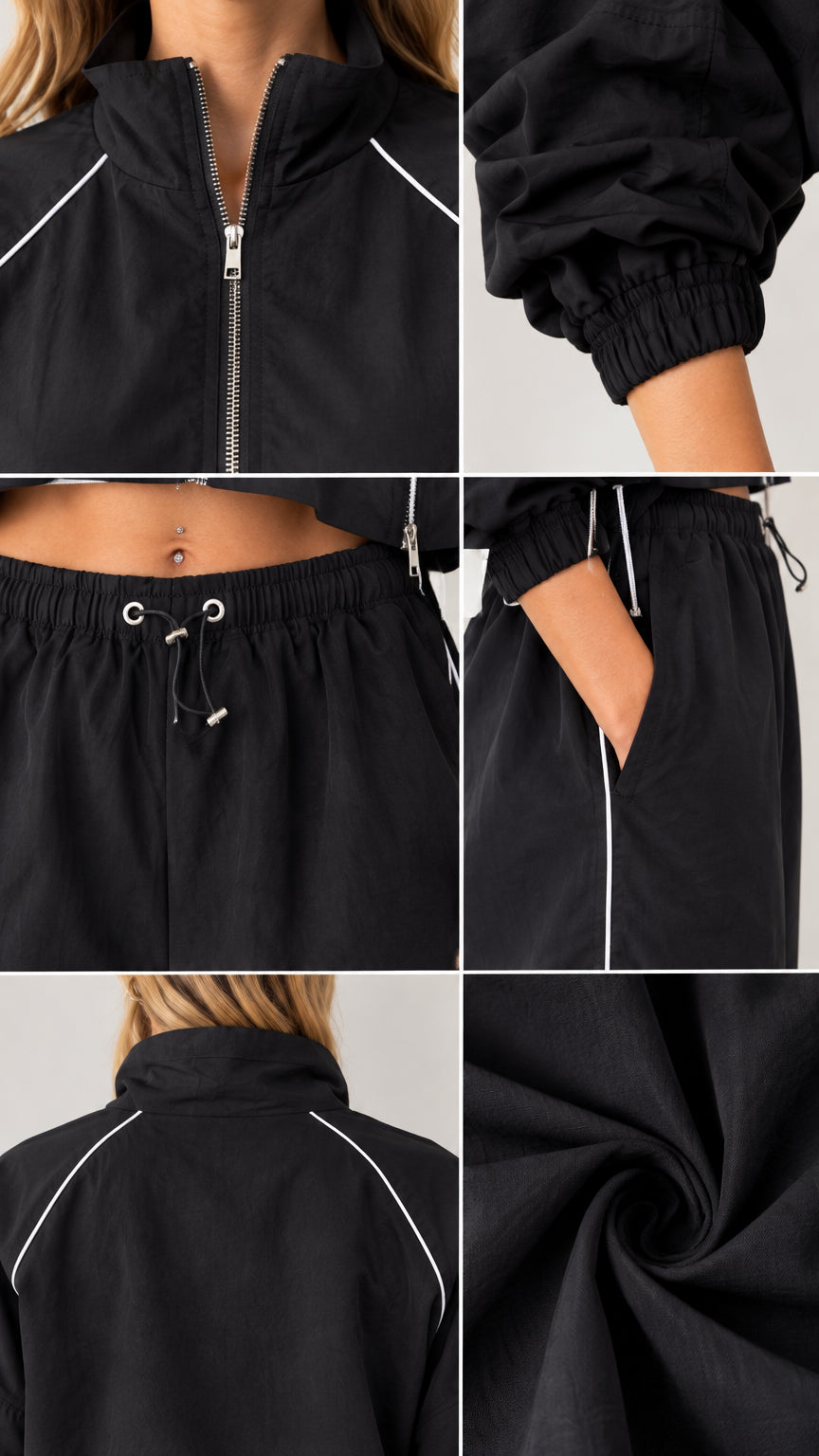 Close-up details of tracksuit zipper, elastic waistband with drawstrings, and fabric texture