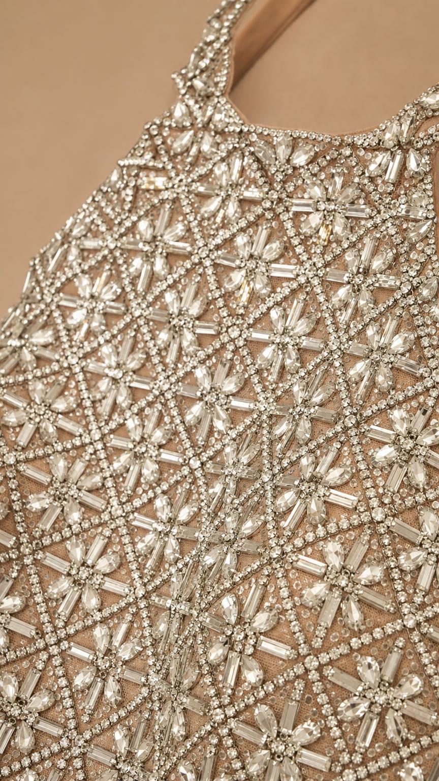 Close-up detail of the intricate crystal beadwork