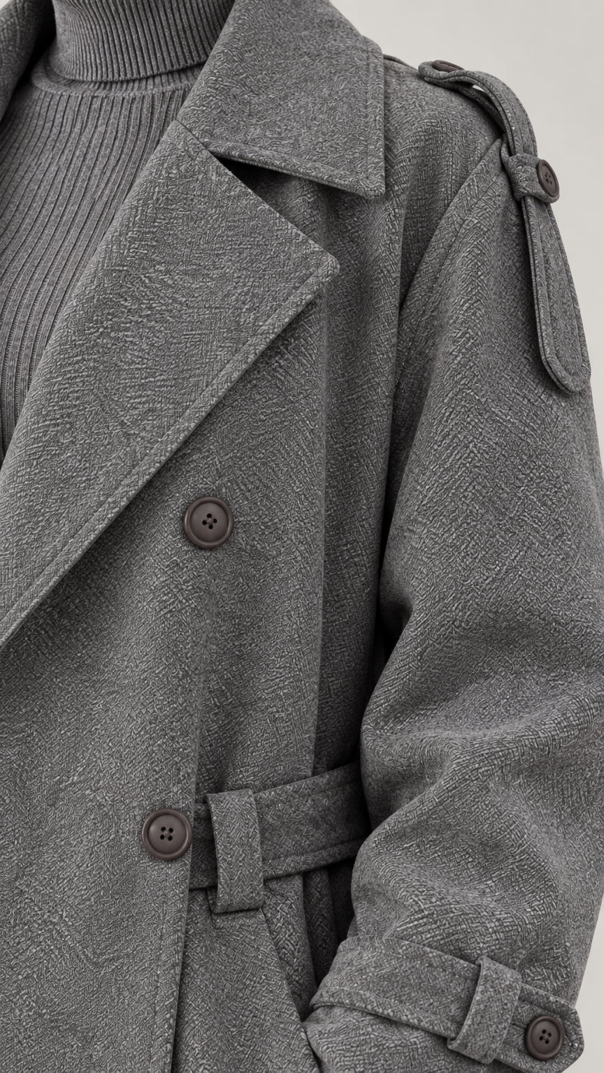 Close-up detail of grey textured fabric, lapel collar, and shoulder epaulettes