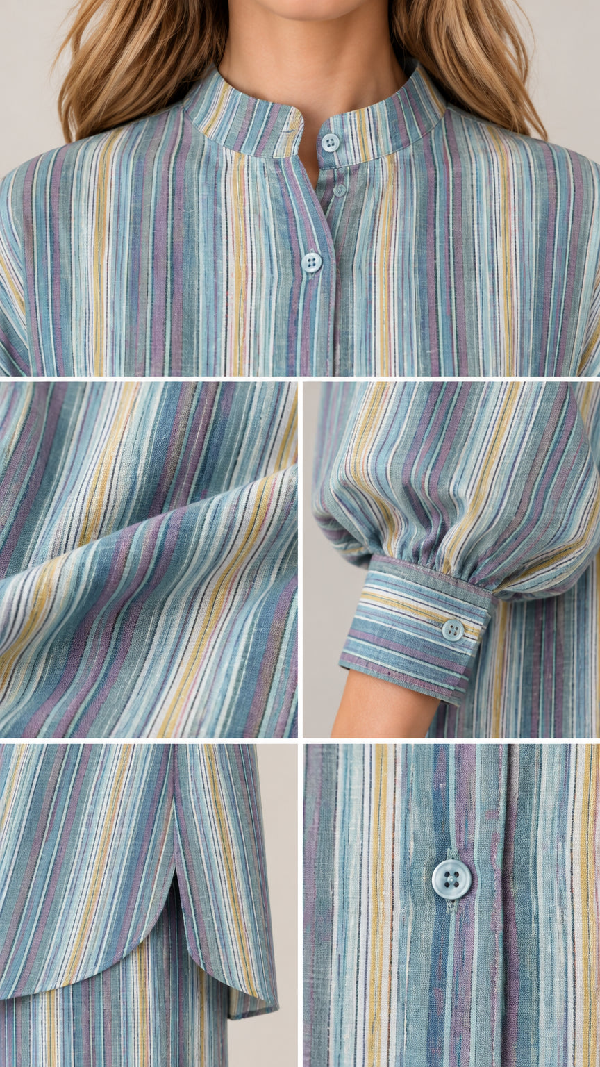 Close-up details of stand collar, woven fabric, button cuff, and tunic hem split