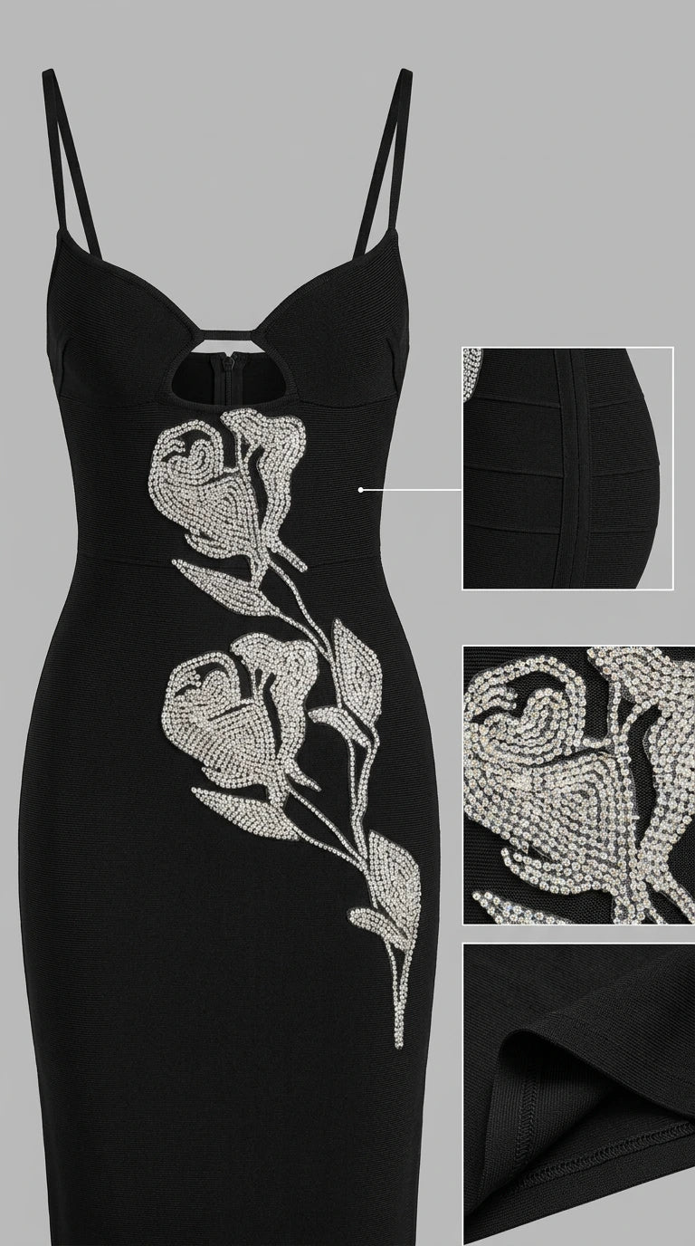 Detail photo of black bandage dress showing cutout neckline and crystal rose motif
