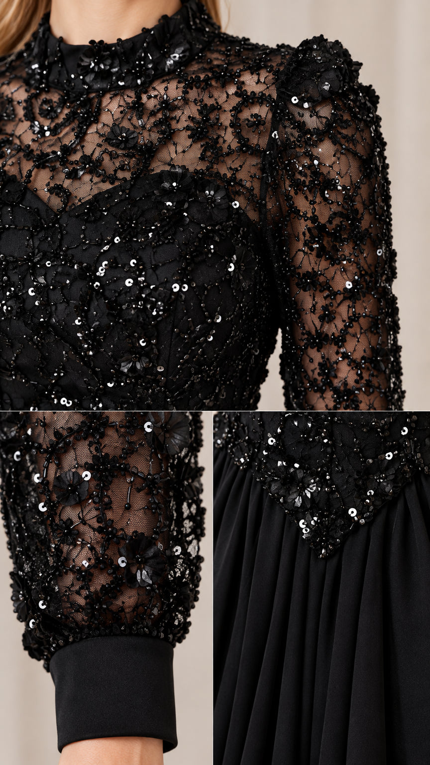 Close-up detail of black beaded floral lace bodice, mock neck, and cuff craftsmanship