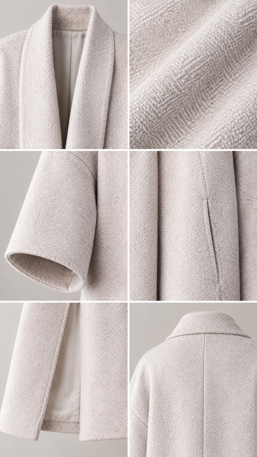 Close-up detail panel showing textured fabric, lapel, cuff, pocket, and lining