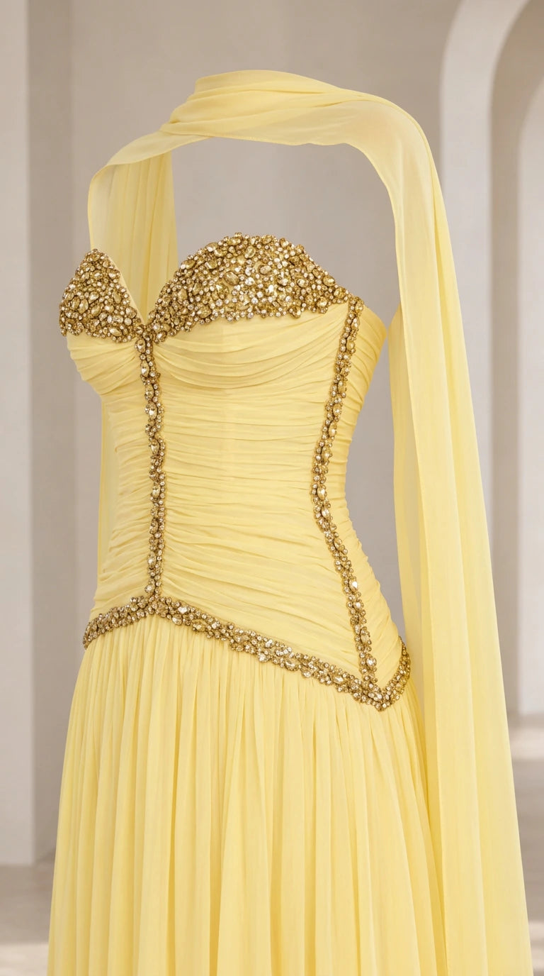 Close-up detail of gold-tone beaded sweetheart neckline and ruched corset on yellow chiffon dress