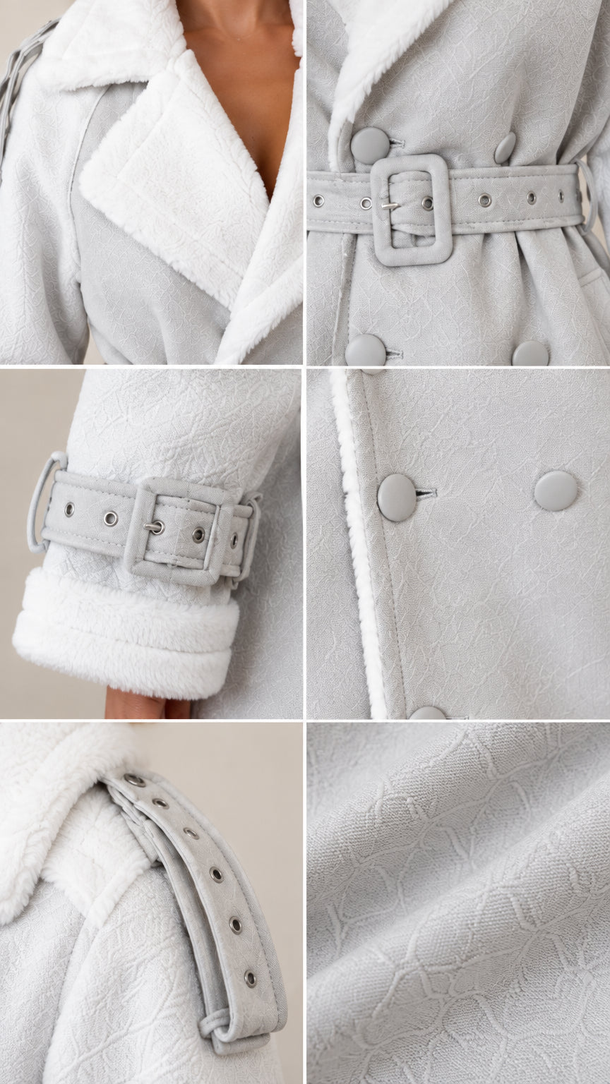 Close-up details of shearling lapels, buckled belt, and cuff hardware