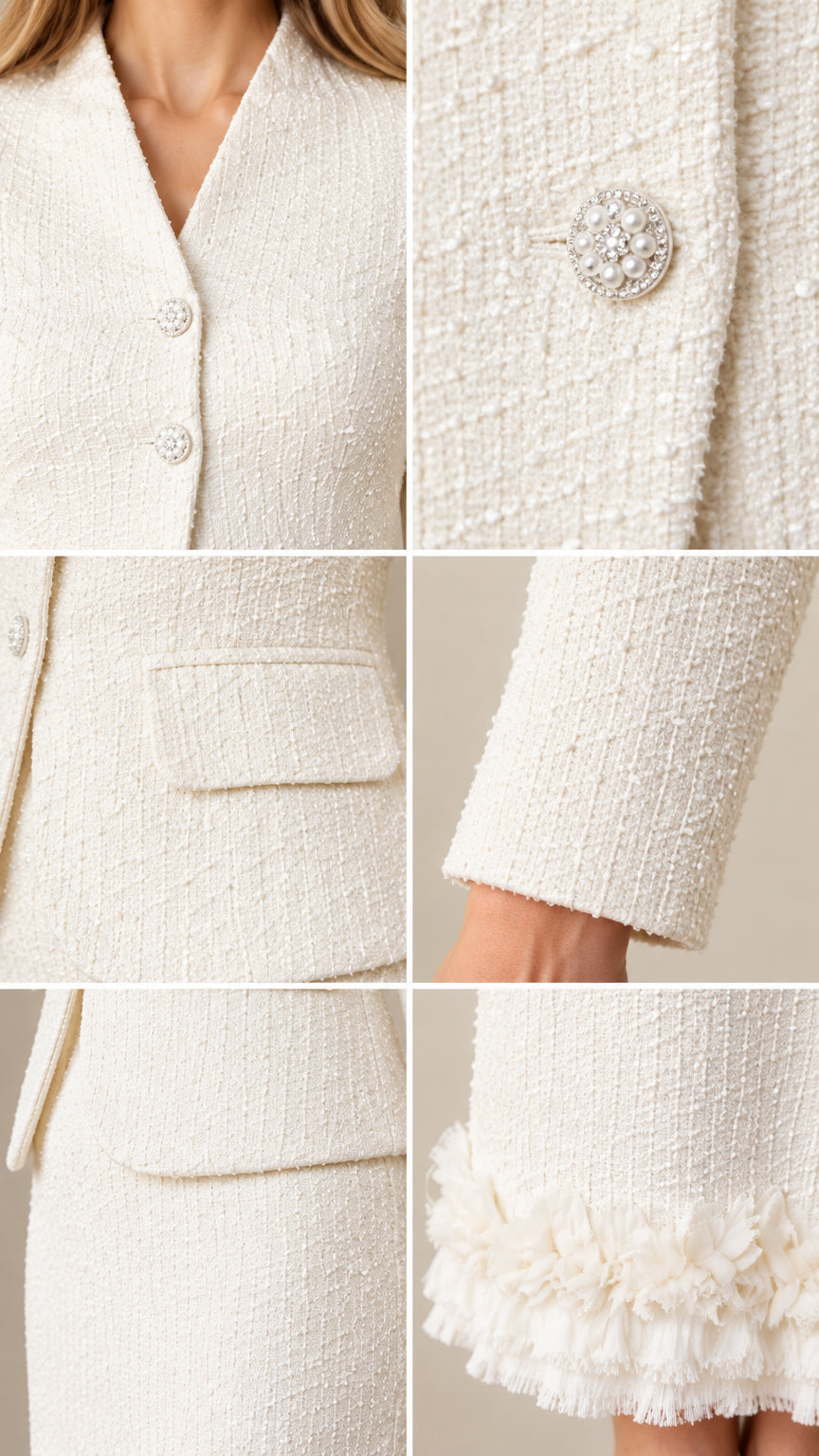 Close-up details of neckline, decorative buttons, flap pockets, and fringe hem on ivory tweed suit