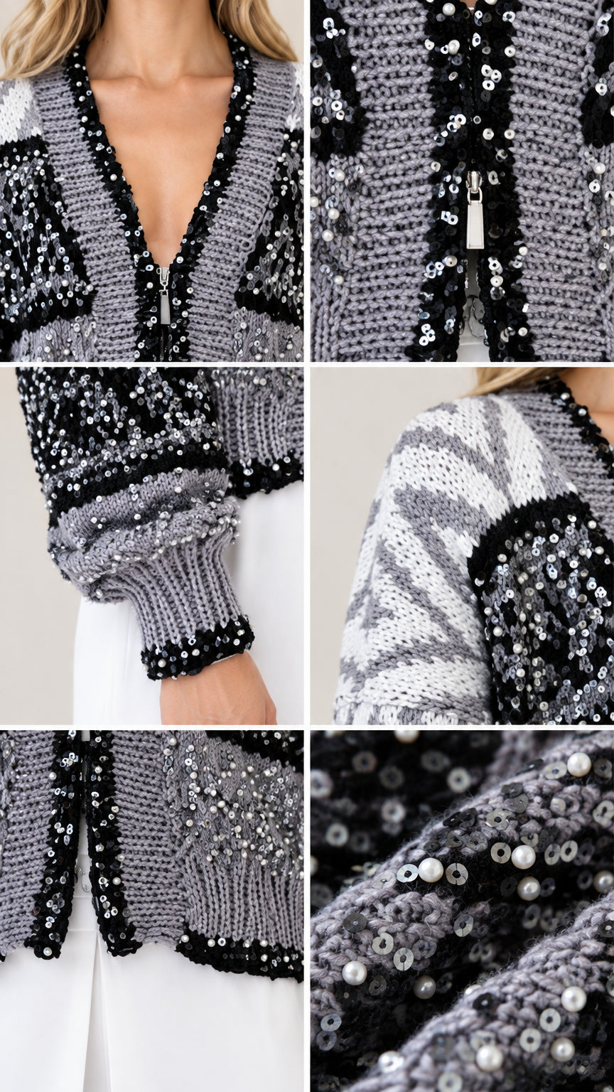 Close-up details of sequin trim, bead embellishments, cuffs, and knit texture