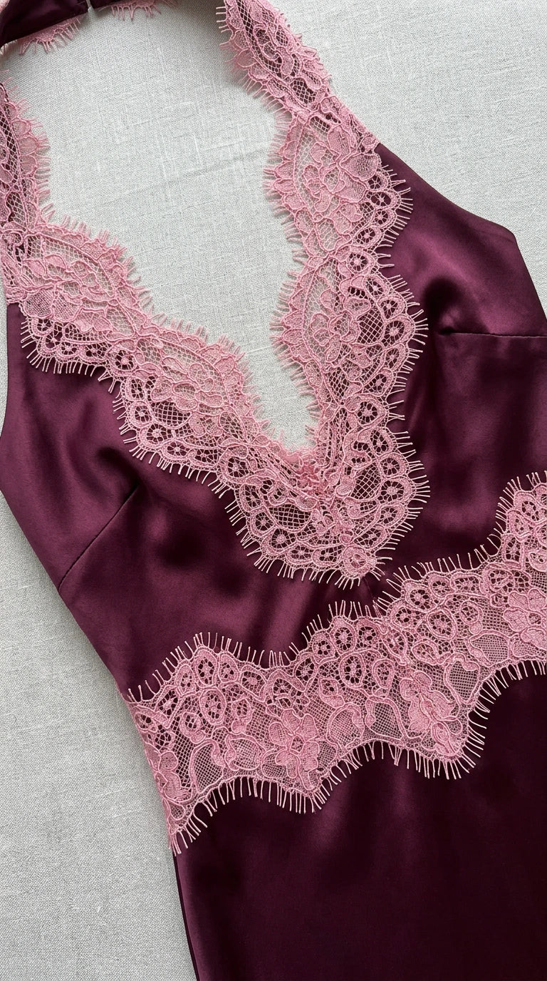 Close-up detail of contrast pink eyelash lace on satin neckline