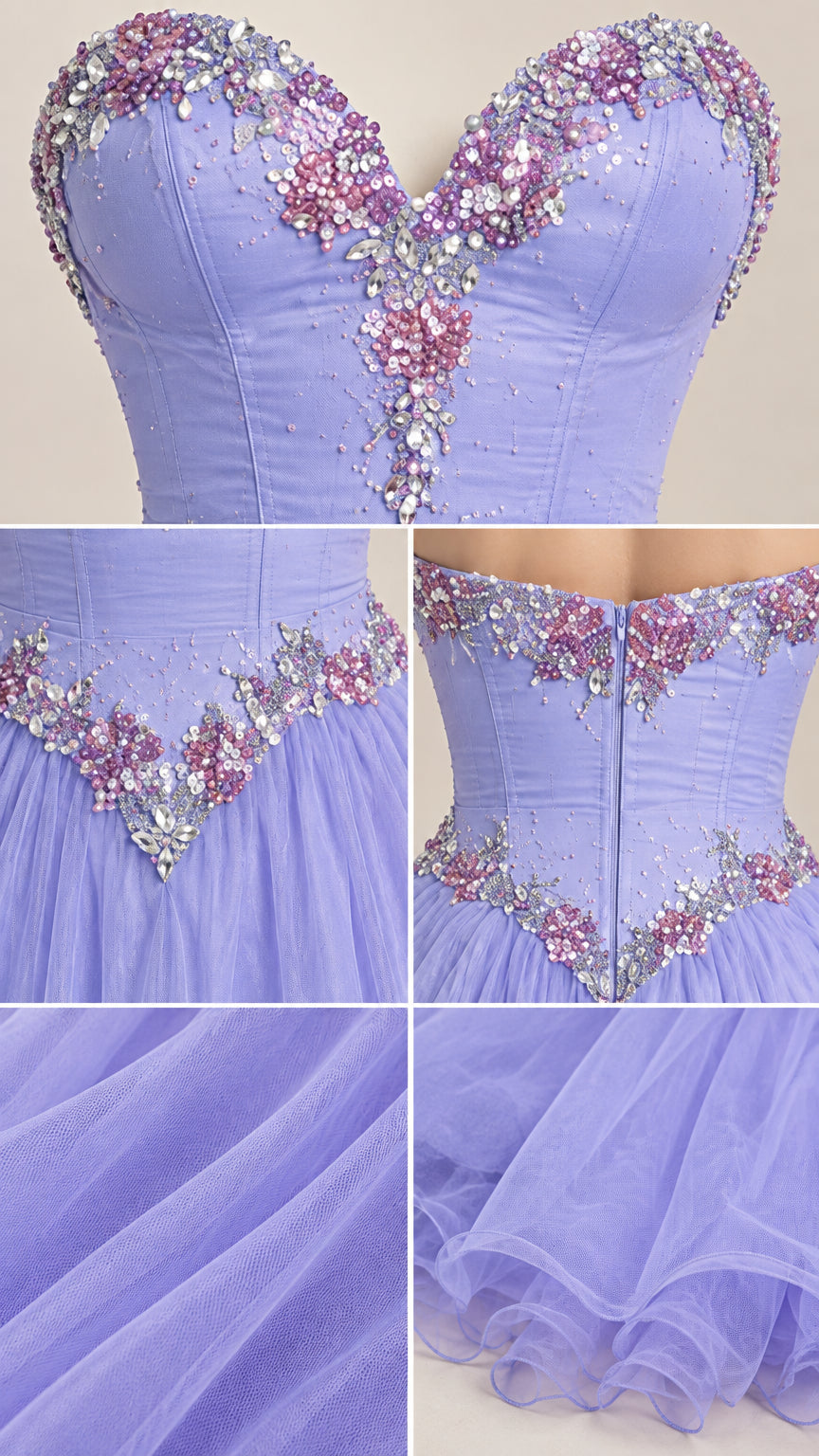 Close-up detail of crystal beadwork and embroidery on lavender corset bodice and waist