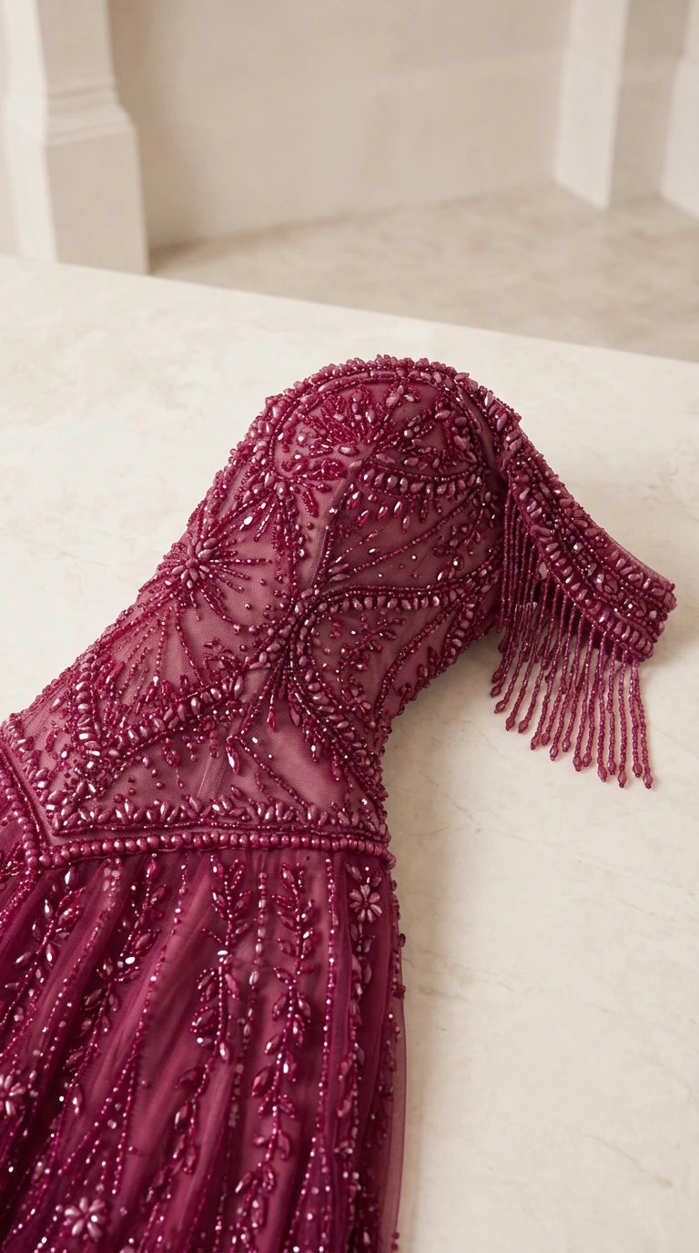 Close-up detail of burgundy beaded embroidery and delicate fringe sleeve trim