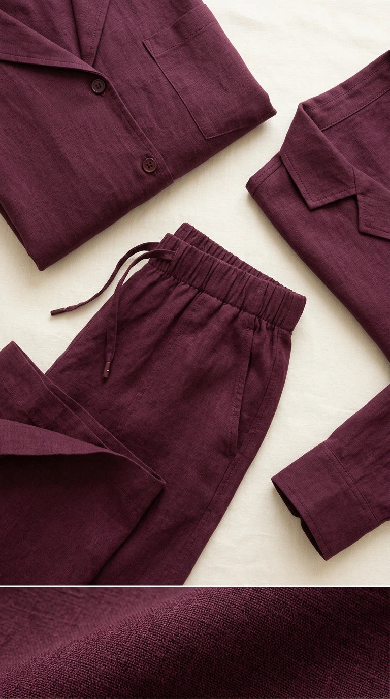 Close-up flat lay details of burgundy shirt collar, buttons, drawstring waistband, and woven texture