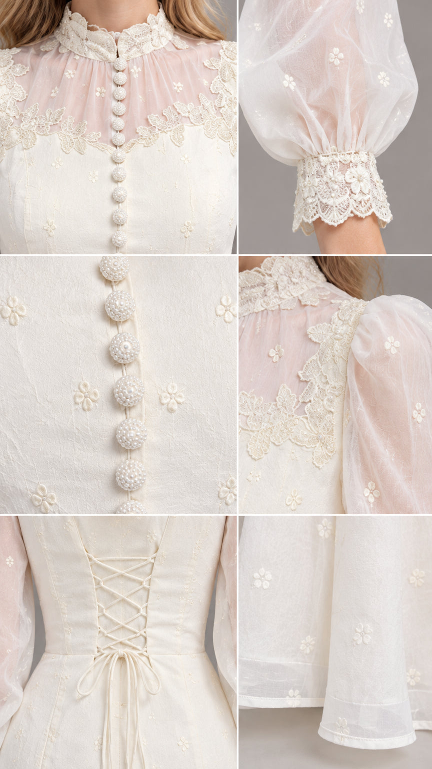 Close-up details of sheer lace neckline, cuff embroidery, and corset back