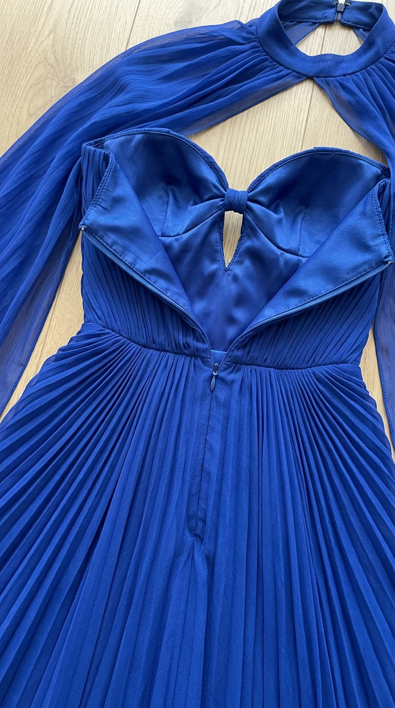Detailed Interior and Zipper View of Royal Blue Cape Dress Bodice
