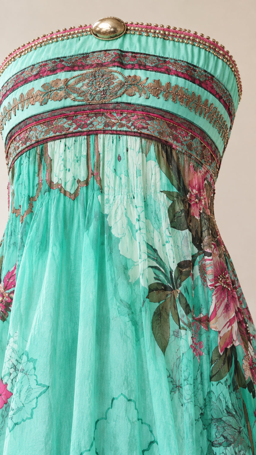 Close-up detail of embellished tube neckline and floral border pattern