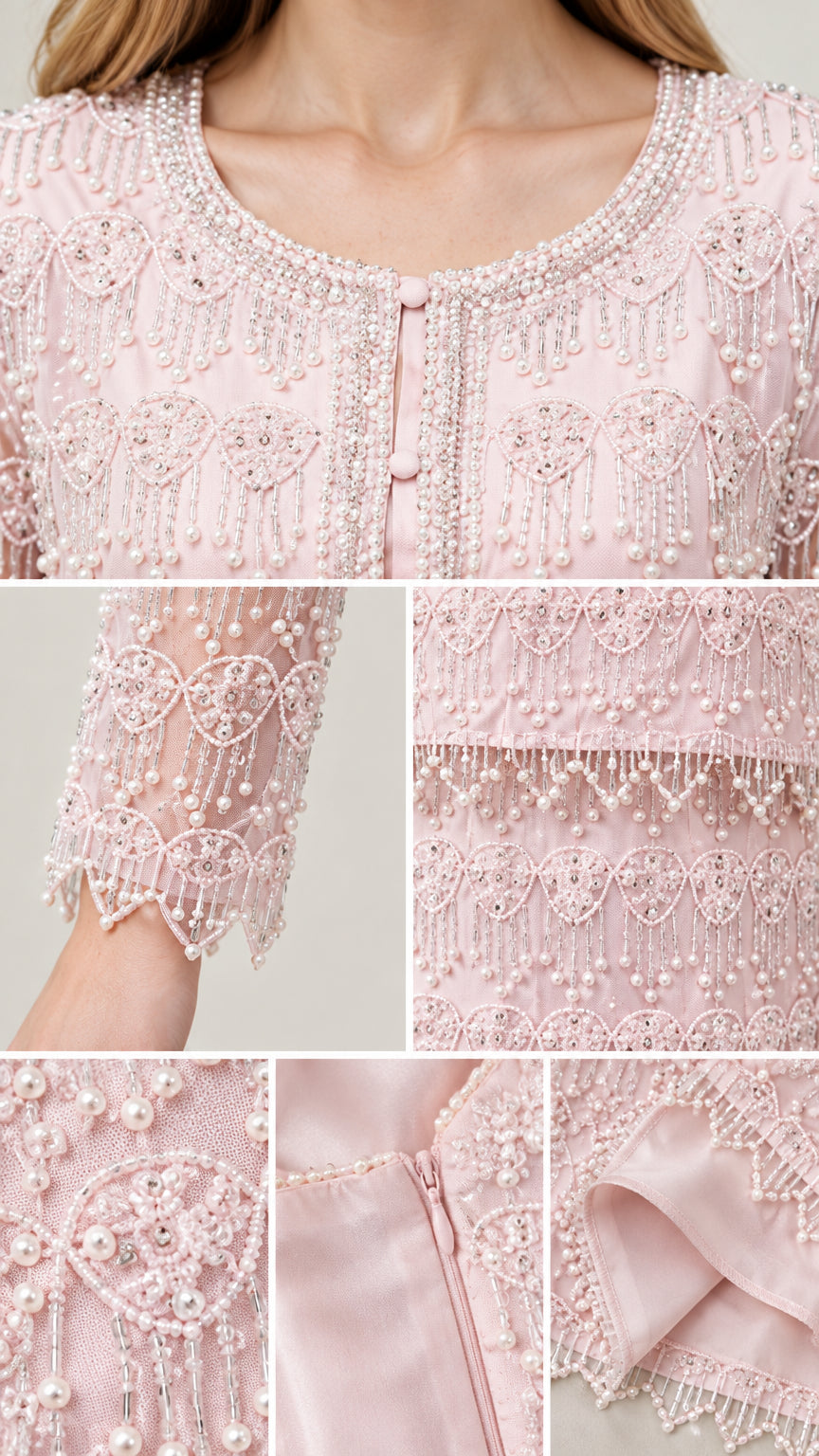 Close-up detail of faux pearl beading, neckline embroidery, cuffs, and lining