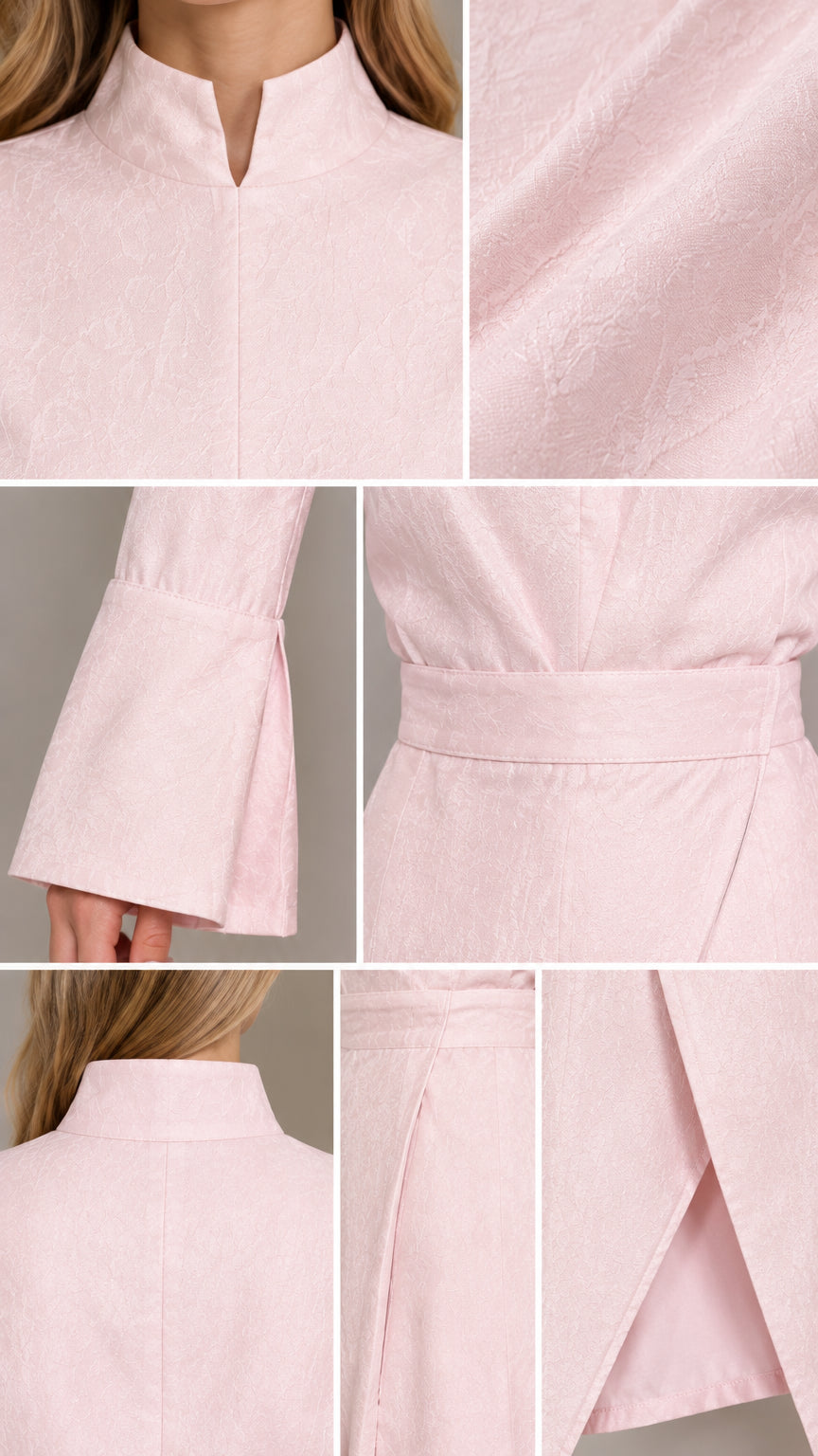 Detailed close-ups of textured fabric, notched mandarin collar, slit cuff, and wrap hem