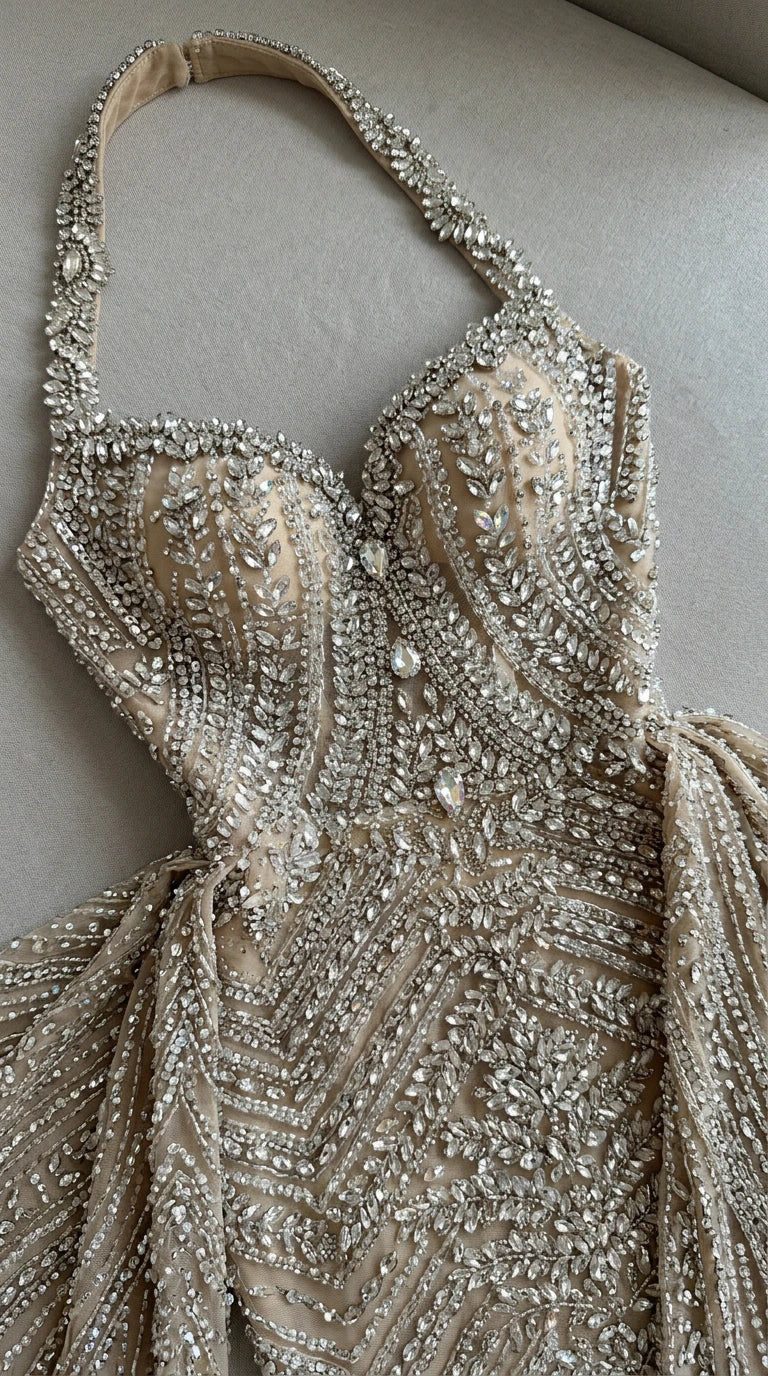 Close-up flat lay detailing intricate crystal and bead embellishments on sweetheart halter bodice