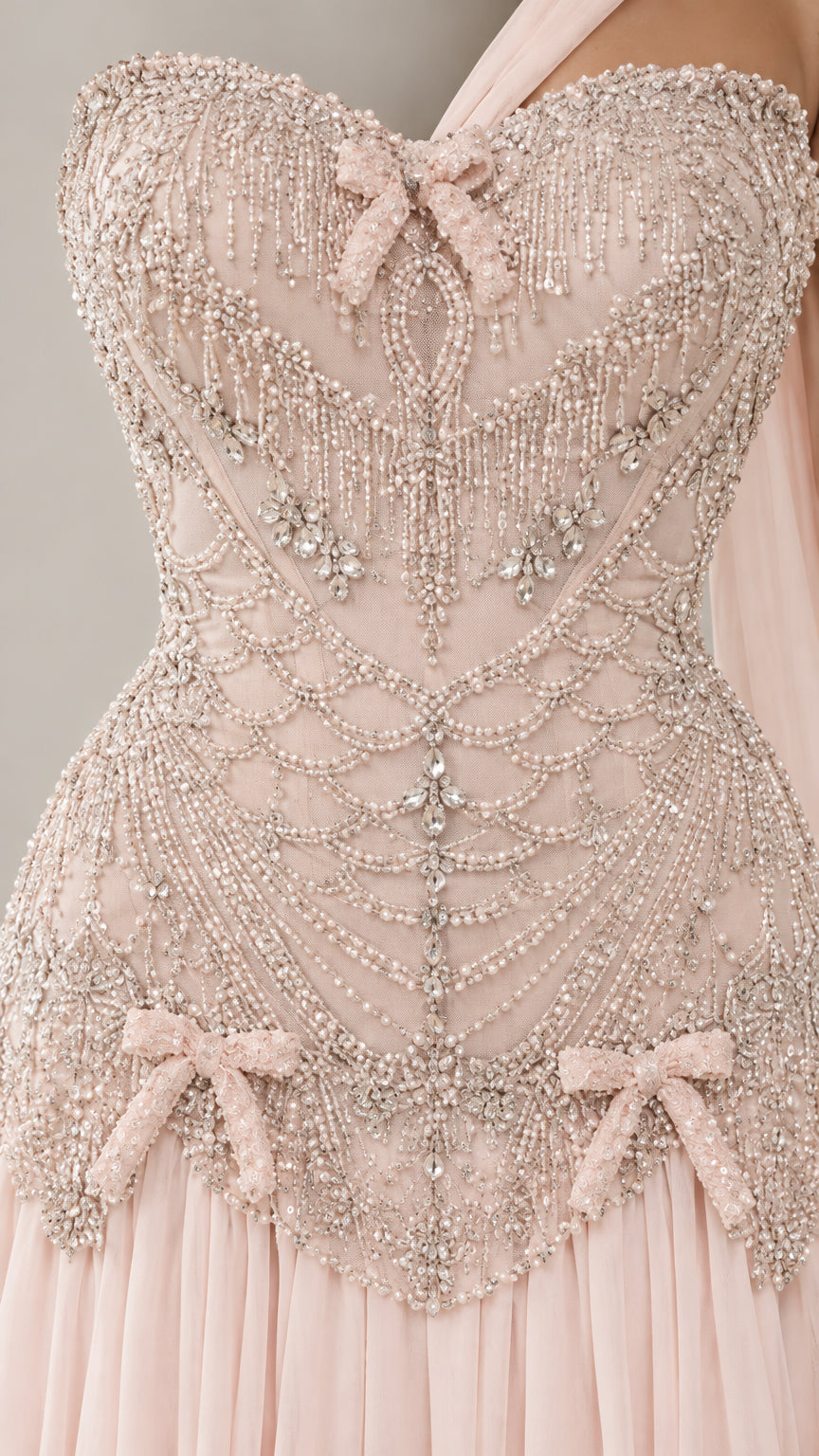 Close-up detail of intricate beadwork and bow accents on corset bodice