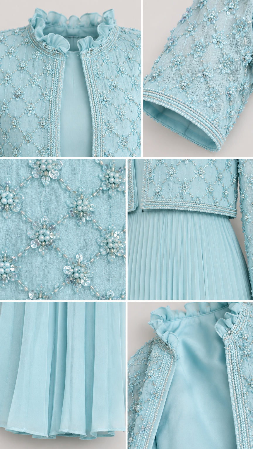 Close-up details of beaded floral lace texture, ruffled neckline, and pleated chiffon fabric