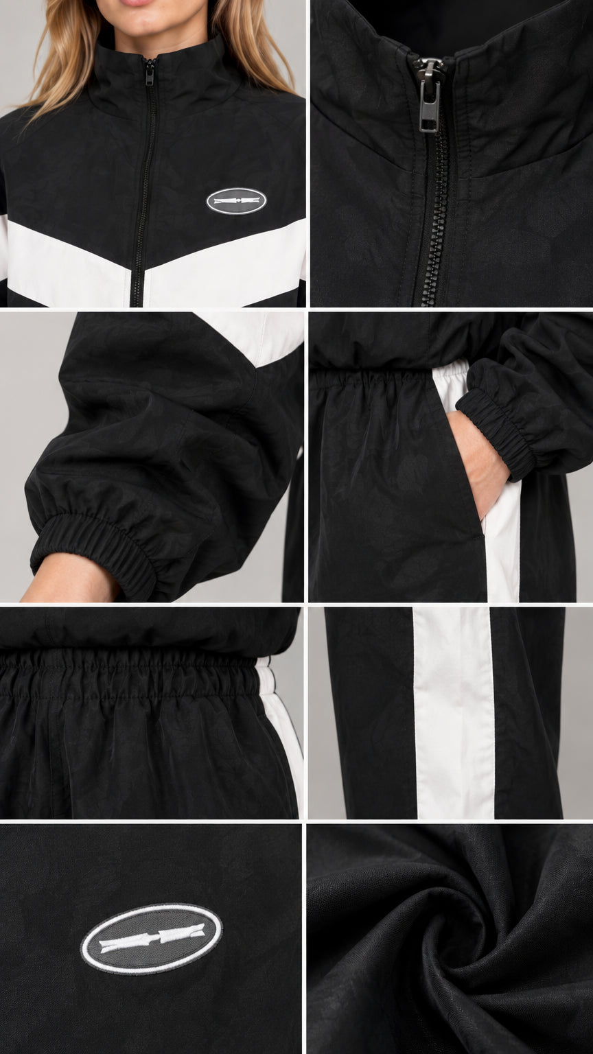 Detailed close-up views of black tracksuit collar, zipper, cuff, pocket, and smooth fabric texture