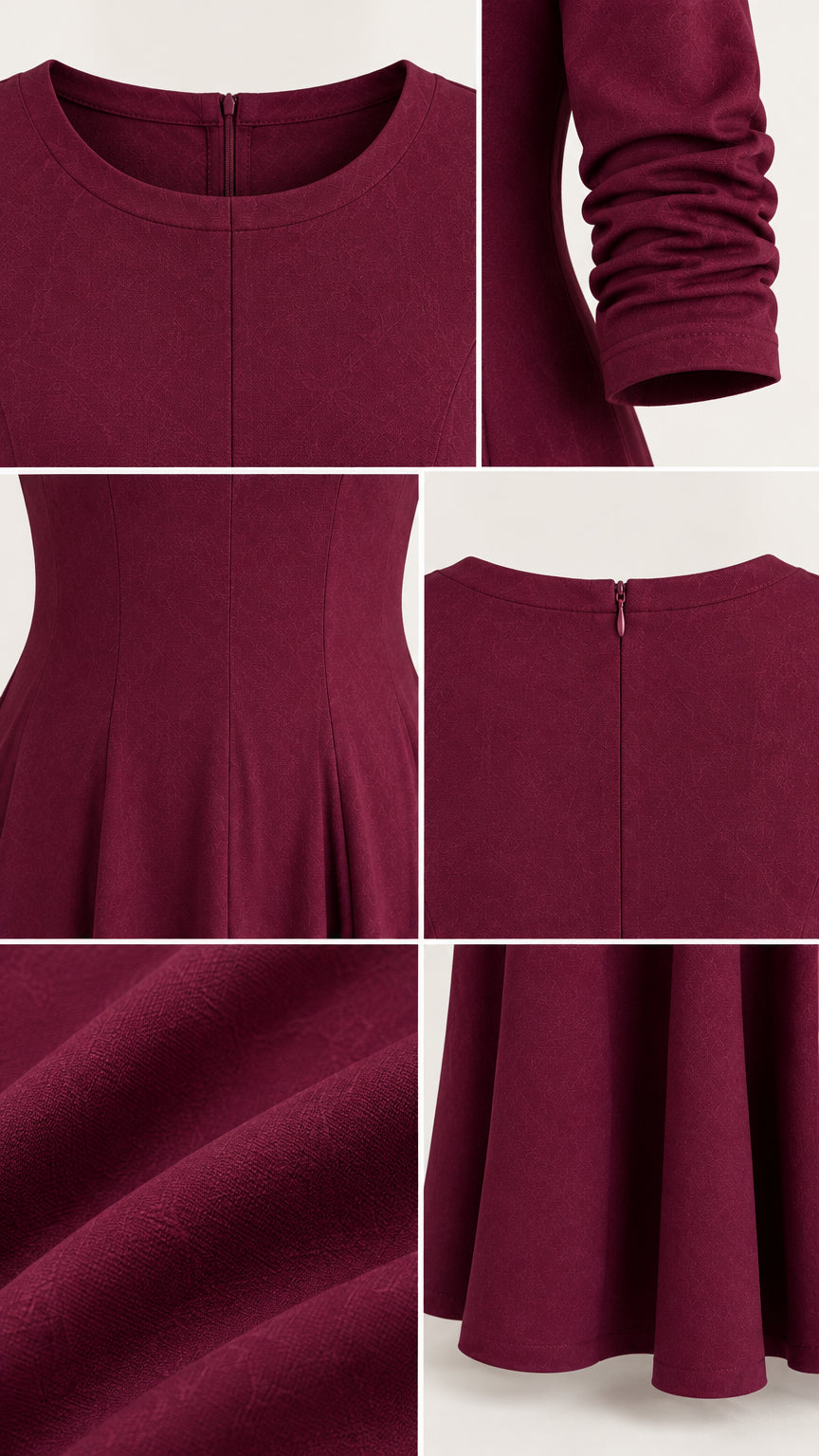 Close-up details of neckline, back zipper, and pleated fabric in burgundy dress