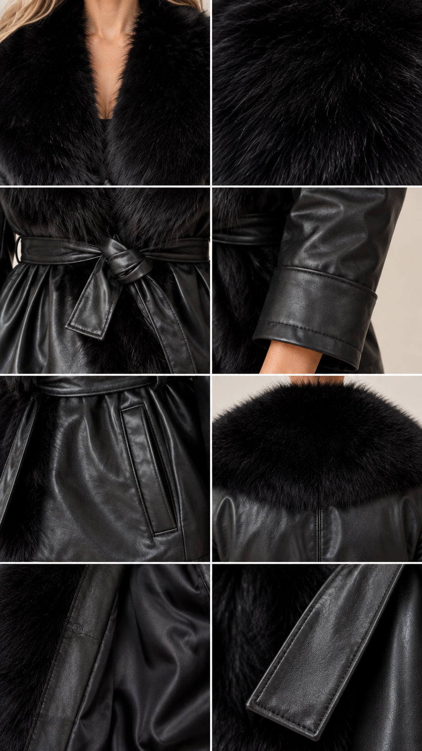 Detail view of collar, waist tie, cuff, and pocket on black faux leather jacket