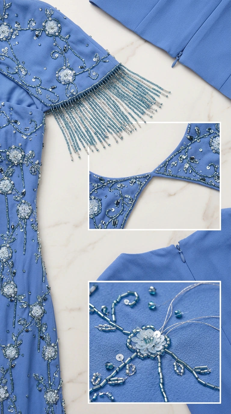 Close-up detail of beaded embroidery, neckline cutout, and fringe trim