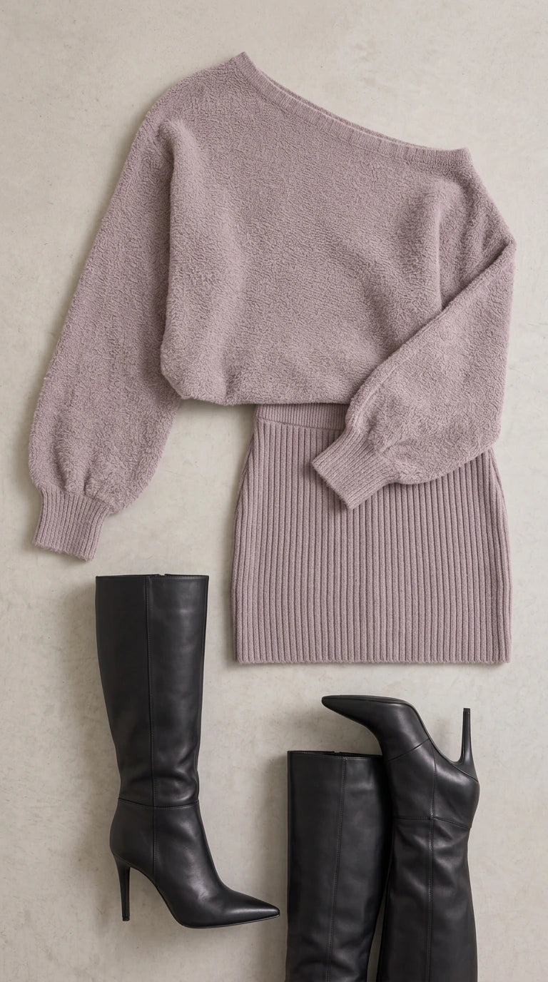Flat lay of mauve one-shoulder knit sweater dress with black heeled boots