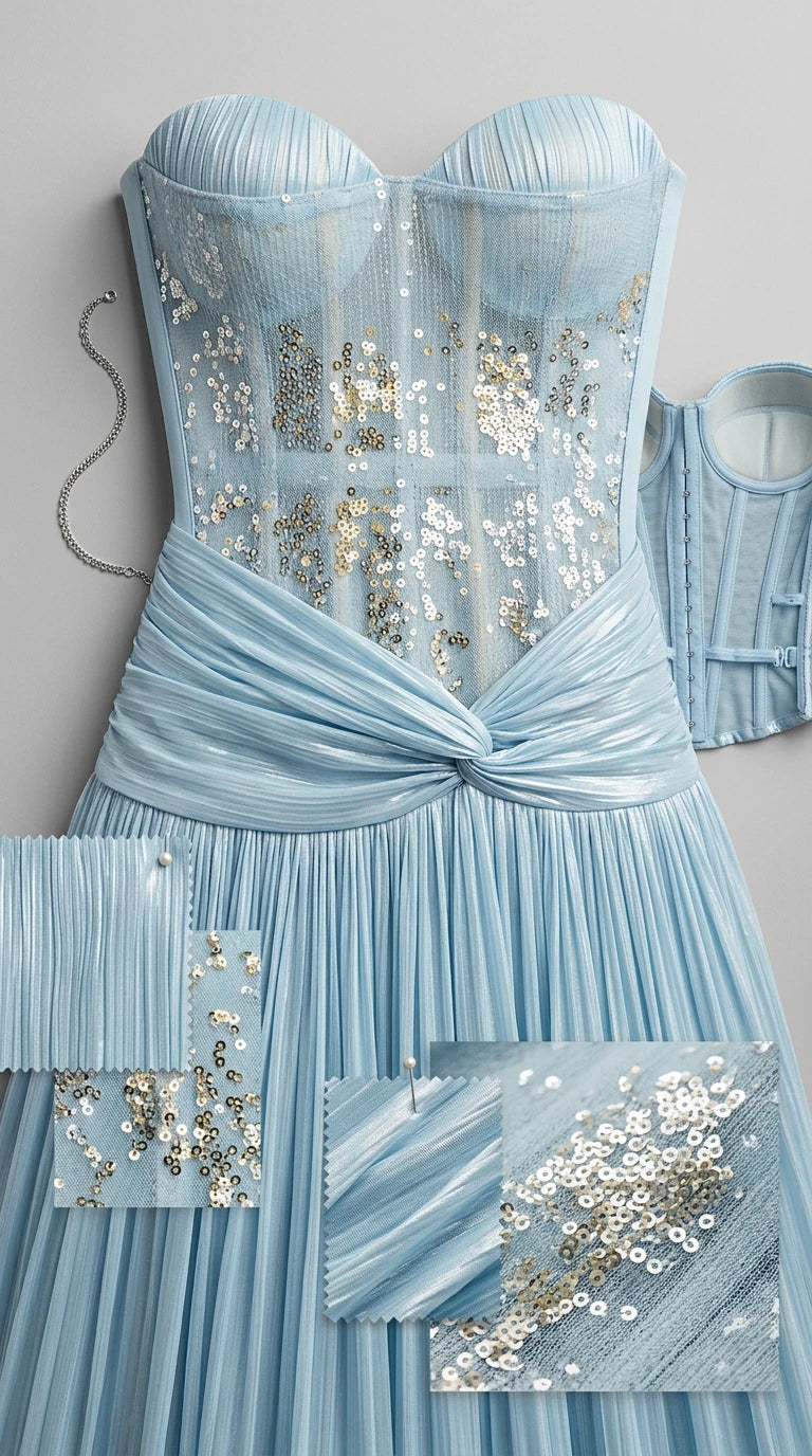 Close-up detail of light blue sequined boned sweetheart bodice and pleated fabric swatches