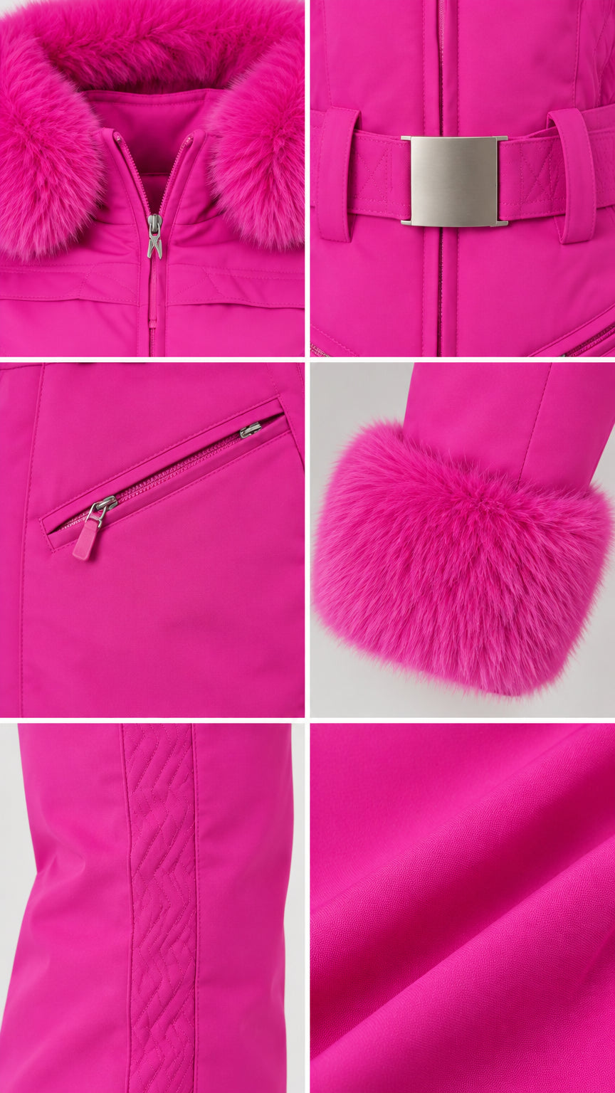 Close-up details of fur collar, metal belt buckle, zip pockets, and fabric
