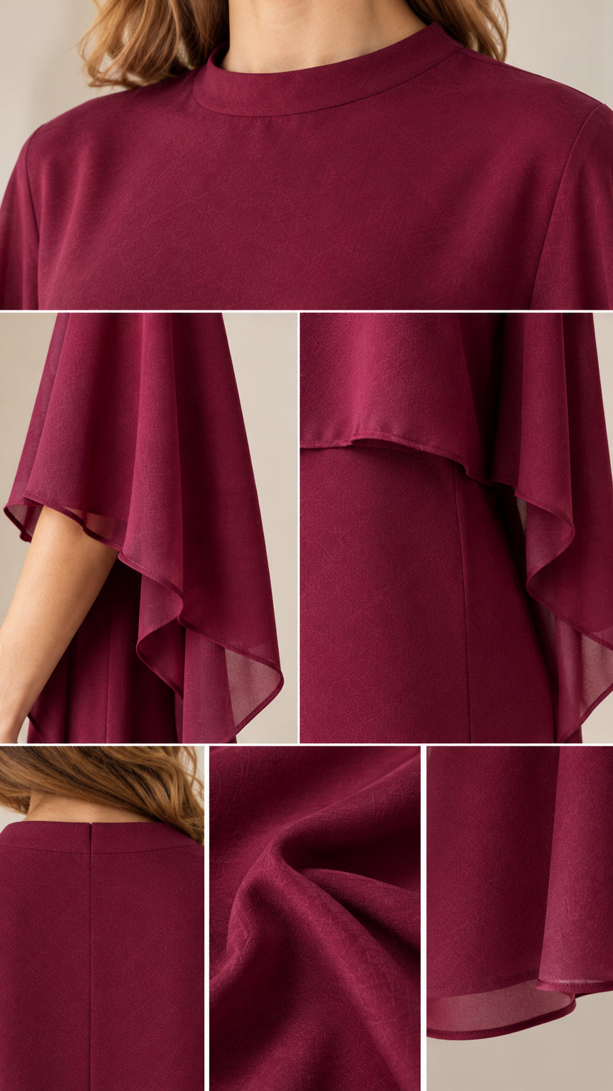 Detail collage of burgundy neckline, cape hem, and fabric texture