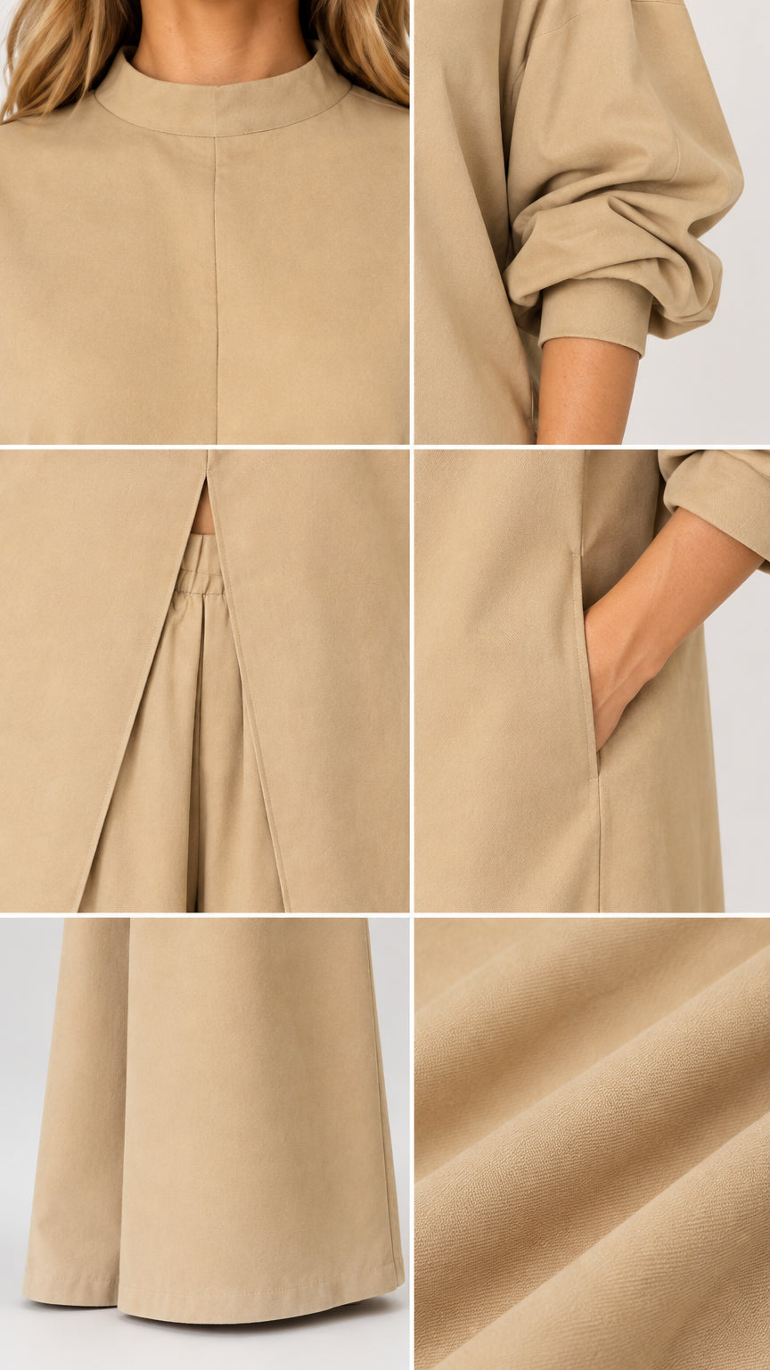 Close-up details of beige tunic neckline, gathered sleeves, front split, side pocket, and fabric texture