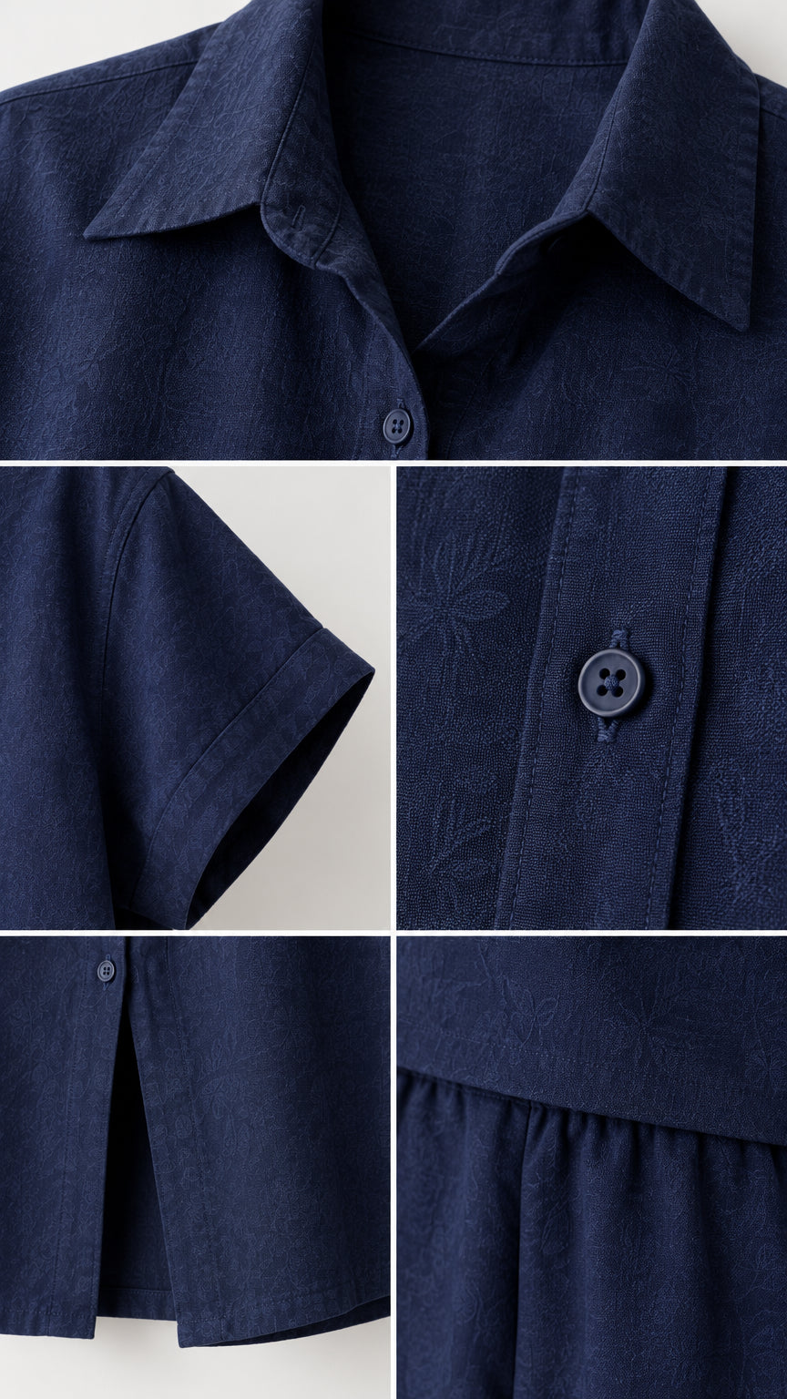 Close-up details of Navy Blue collar, sleeve cuffs, tonal texture, and button placket