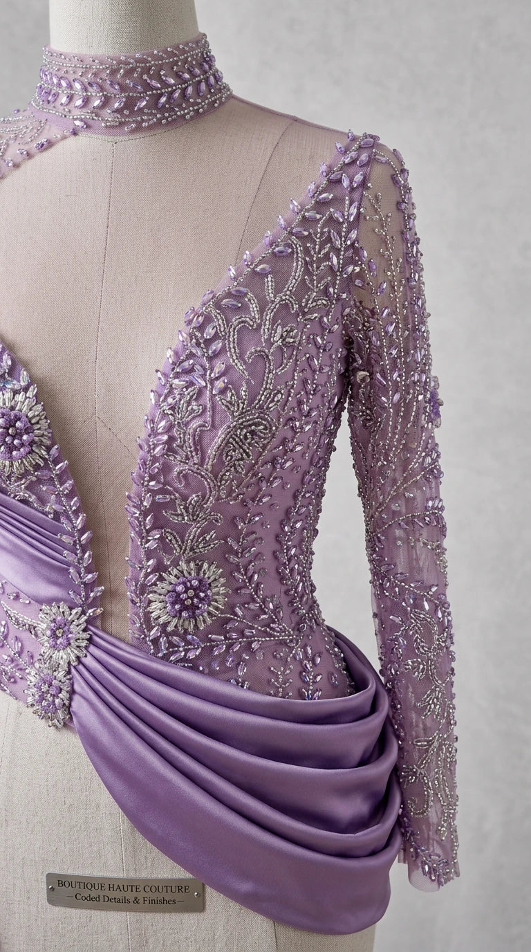 Close-up of lilac embellished bodice showing intricate beadwork, high collar, and pleated satin sash